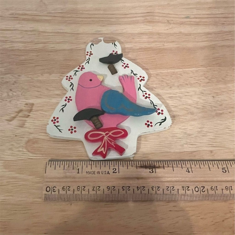 World Market Handcrafted Wooden Bird Christmas Ornament Pink Blue folk
